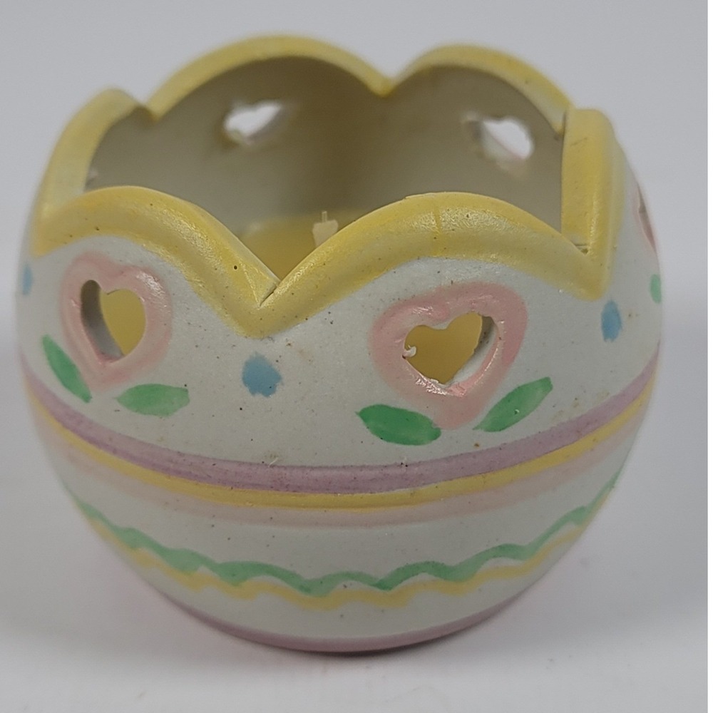 Vintage Pastel Ceramic Egg Candle Holder Heart Cutouts Easter Spring Decor 66018